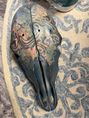Decorative Painted Animal Skull with Turquoise and Copper Design